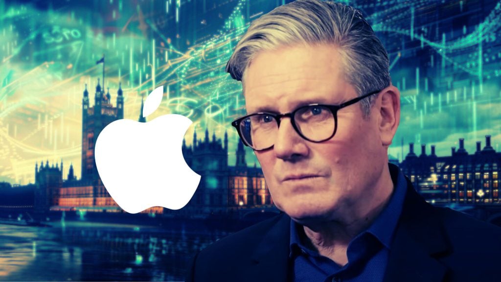 Keir Starmer with glasses, set against a digital backdrop featuring London's Parliament buildings and the Apple logo.