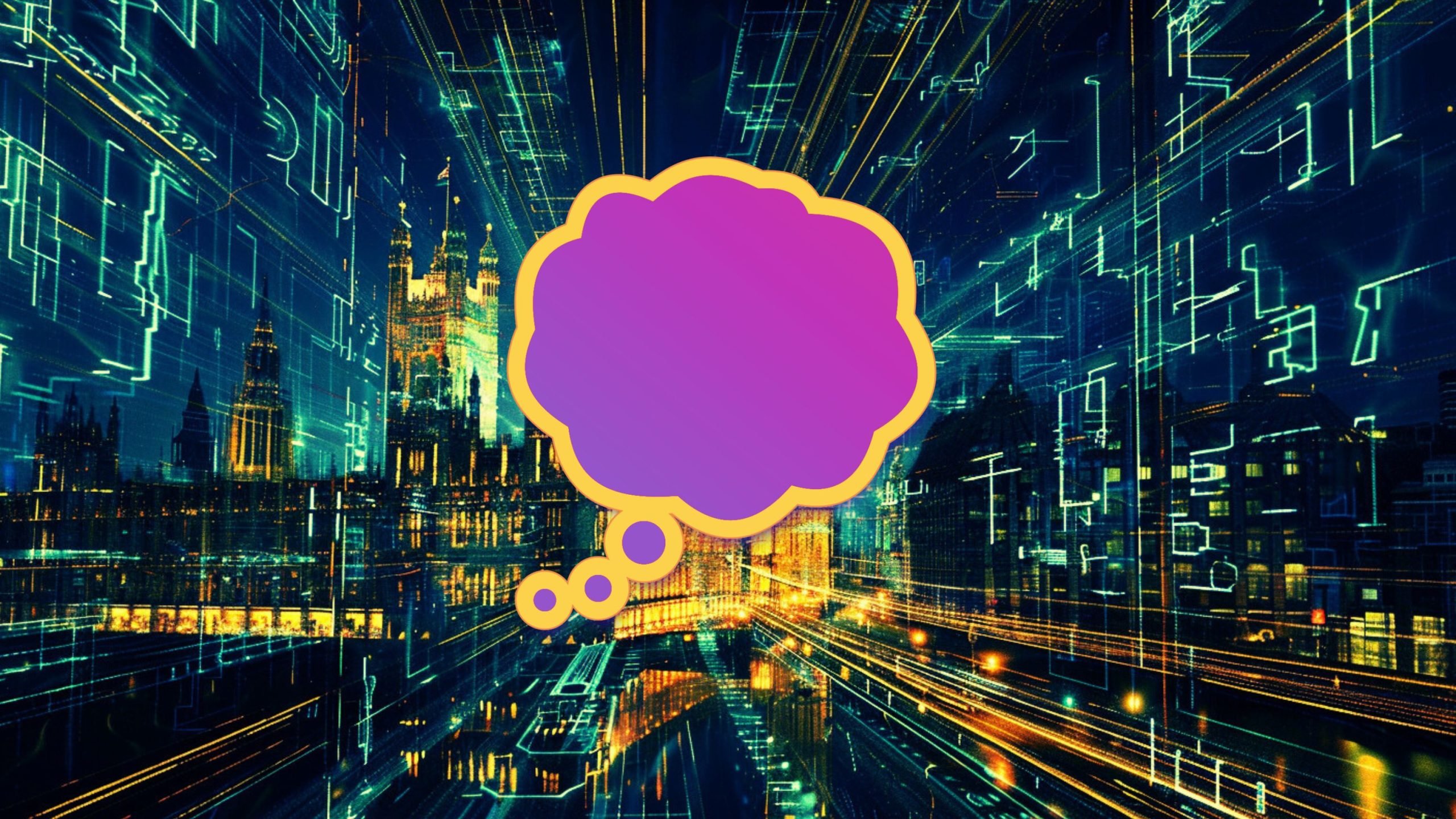 A futuristic cityscape with digital lines and neon colors, featuring a prominent purple thought bubble outlined in yellow in the center.