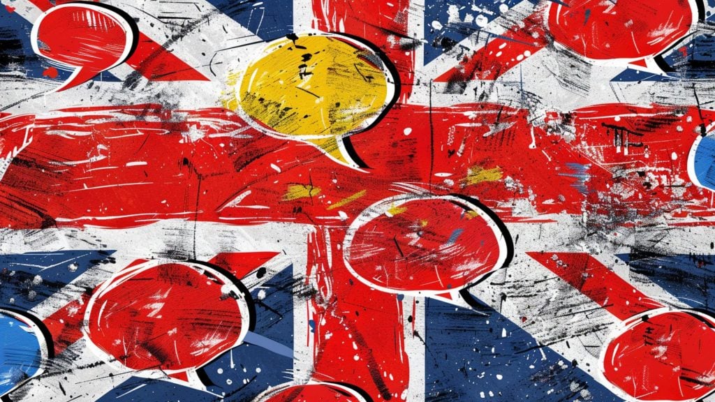 Abstract artwork featuring the Union Jack flag with colorful speech bubbles scattered across, creating a dynamic and textured composition.