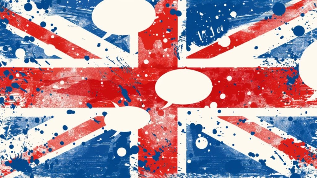 An abstract rendition of the Union Jack flag with paint splatters and speech bubbles scattered across it.