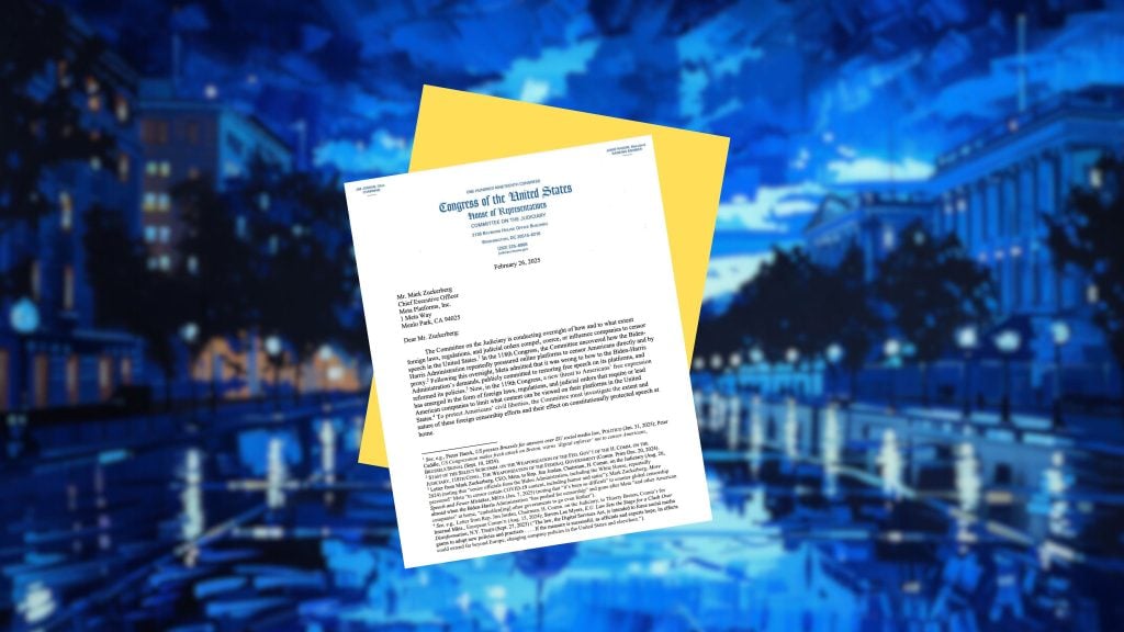 A digital illustration showing a letter addressed to a social media CEO from the U.S. House of Representatives Committee on the Judiciary, set against a blue abstract cityscape background.