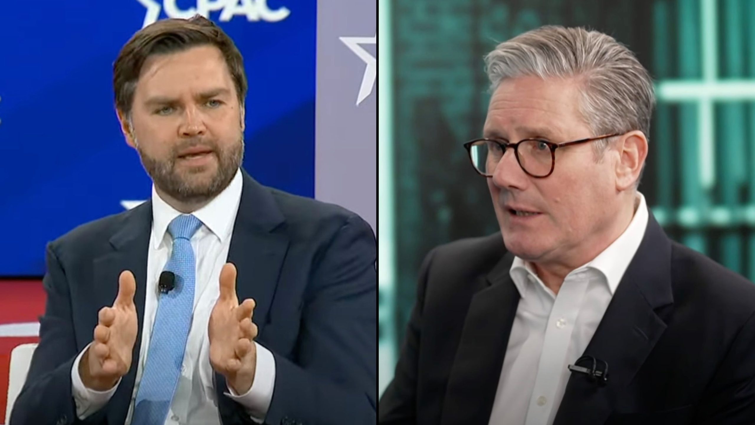 Vance and Starmer in a split-screen format; the man on the left is speaking and gesturing with his hands at an event with a blue backdrop, while the man on the right, wearing glasses, is speaking in front of a blurred green background.