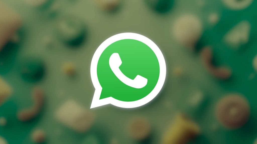 WhatsApp logo featuring a white telephone icon on a green speech bubble background, displayed on a blurred backdrop with green and beige tones.