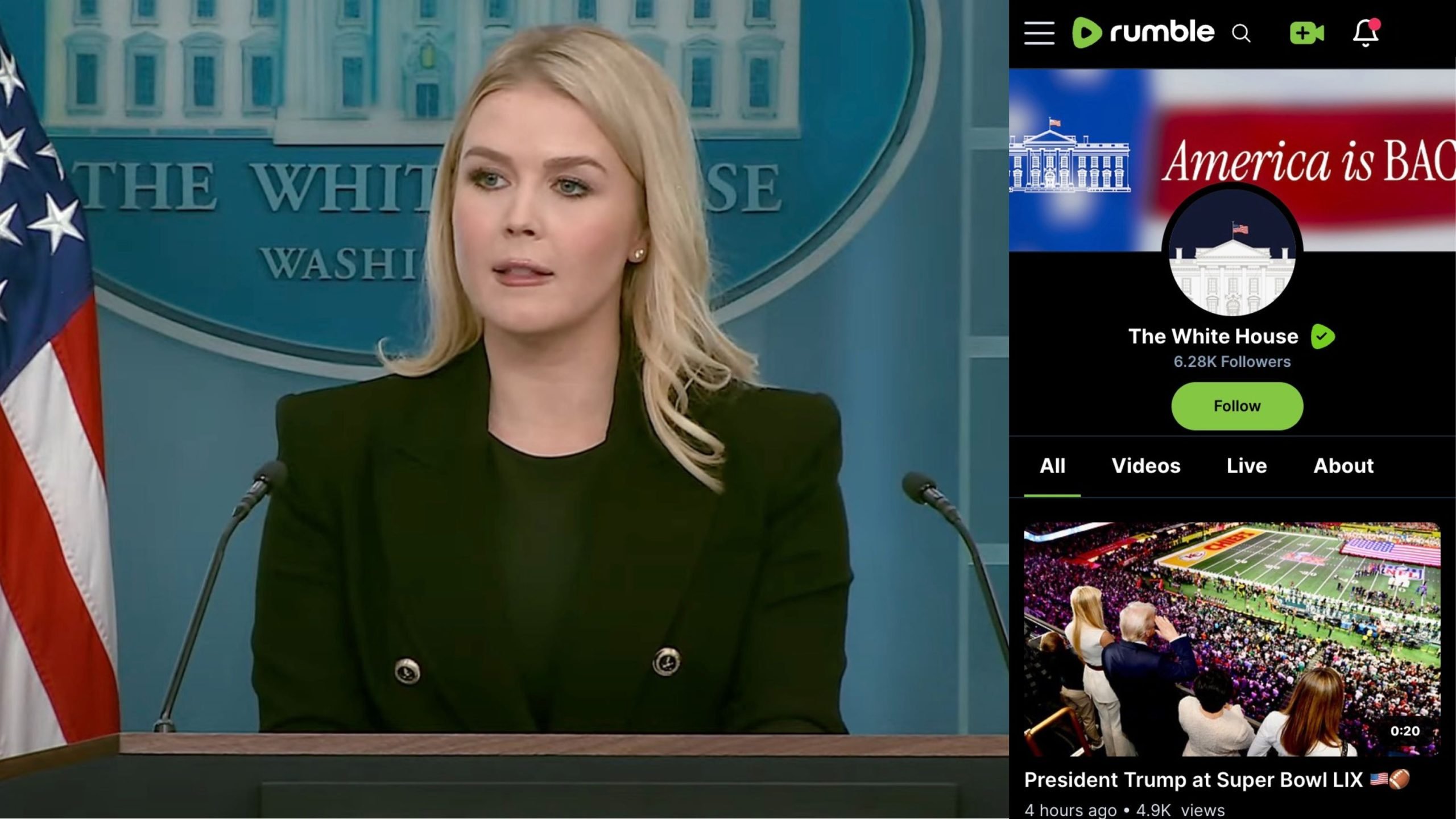 Leavitt speaks at a podium in front of the White House press briefing room backdrop. The right side shows a Rumble page for "The White House" with 6.28K followers and a video captioned "President Trump at Super Bowl LIX."