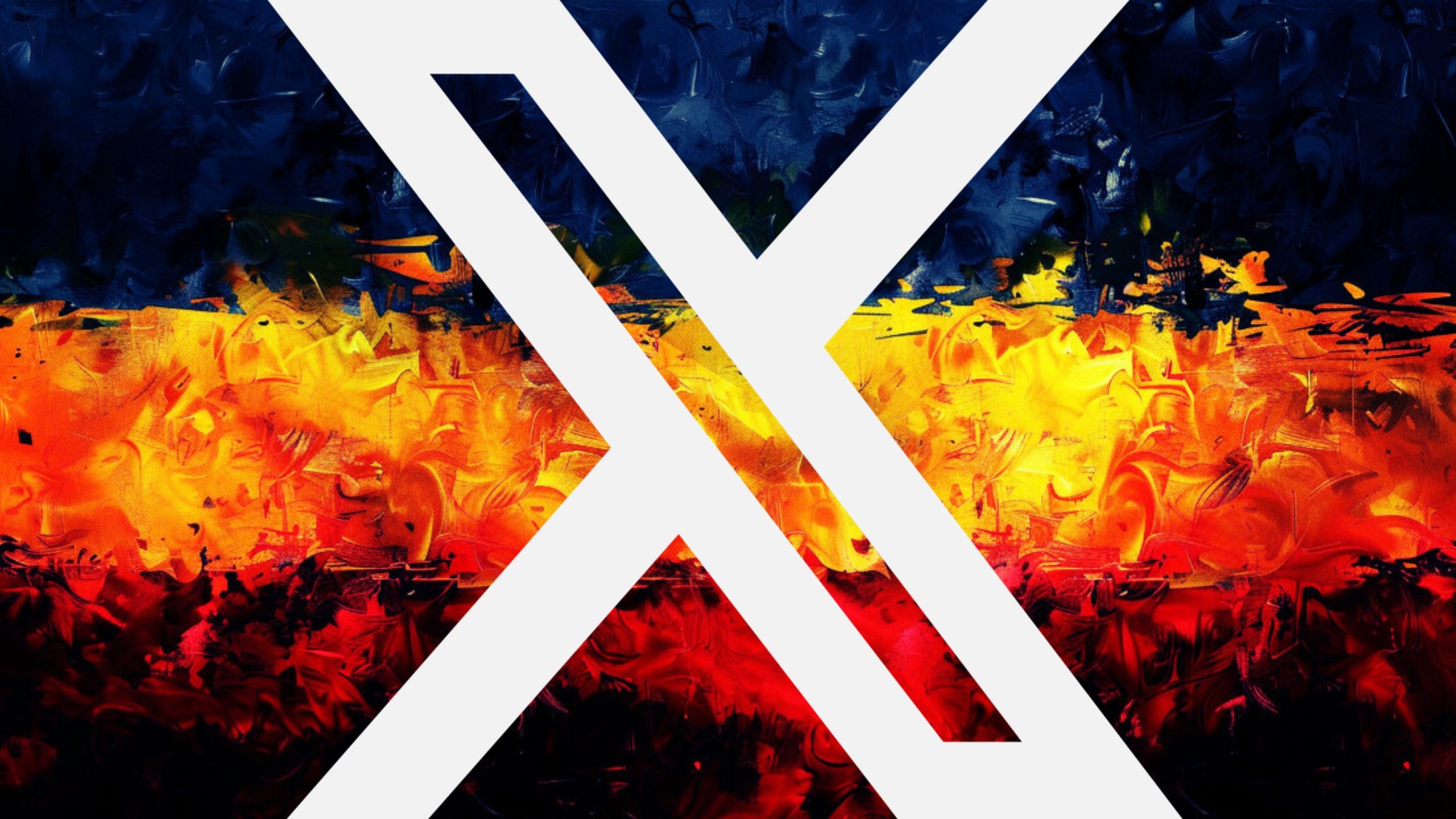 A large white letter 'X' is superimposed over an abstract background with swirls of blue, yellow, and red colors.