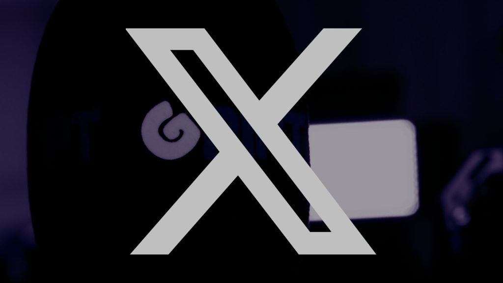 A prominent letter "X" overlays a blurred background featuring vague shapes and a curved symbol.