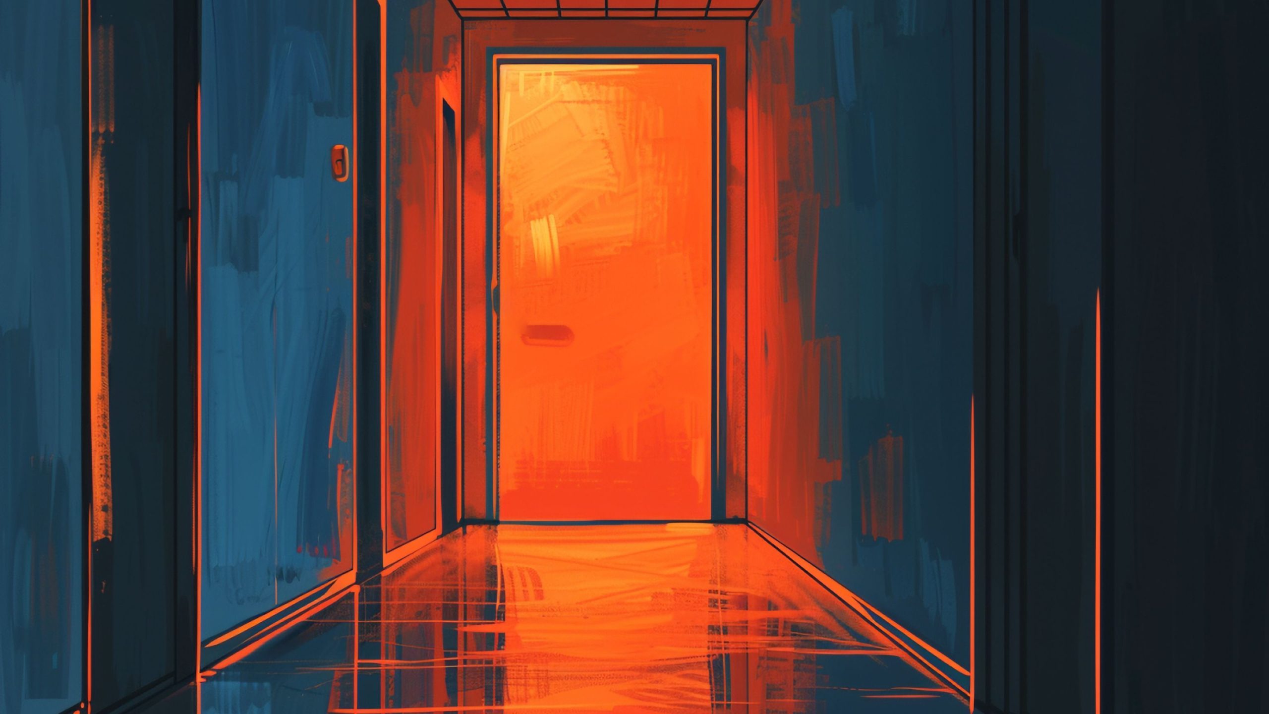 A digital art piece depicting a dark hallway with a brightly lit orange door at the end, casting reflections on the floor.