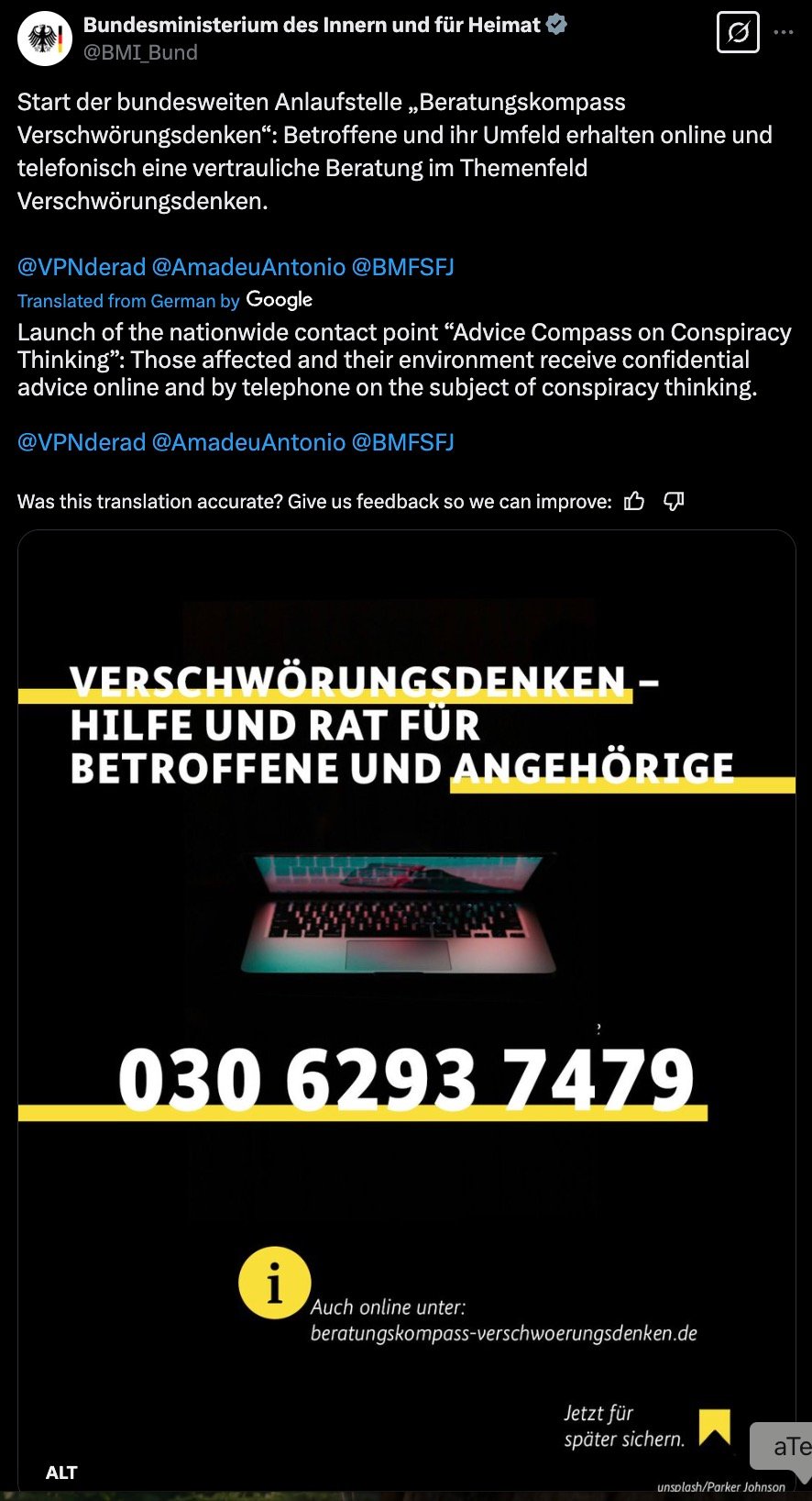 A tweet from the German Federal Ministry of the Interior announces the launch of a nationwide contact point called 'Advice Compass on Conspiracy Thinking', offering confidential advice for affected individuals and their environment online and by telephone. The image features a bold text saying 'Verschwörungsdenken – Hilfe und Rat für Betroffene und Angehörige' above a phone number '030 6293 7479'. Additional text provides an online link for more information.