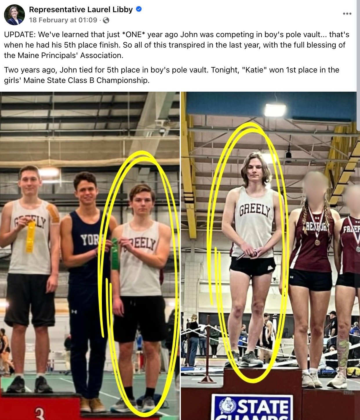 Two side-by-side images comparing individuals at athletic events. The left image shows three people standing on a podium with ribbons, one of whom is circled. The right image shows three different people on another podium, one of whom is circled, with a caption discussing pole vault results two years apart.