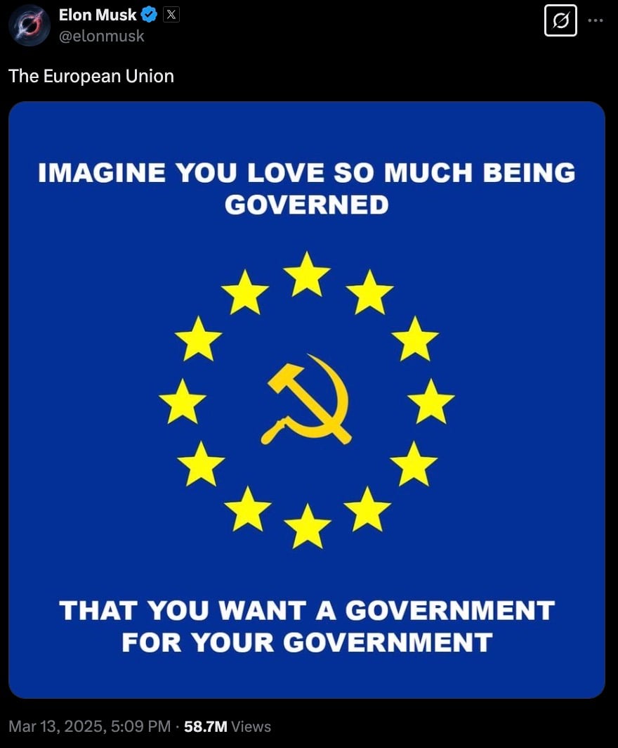 Image depicting a blue background with yellow stars forming a circle, resembling the European Union flag, but with a hammer and sickle symbol in the center. Above and below the circle is white text reading: "IMAGINE YOU LOVE SO MUCH BEING GOVERNED THAT YOU WANT A GOVERNMENT FOR YOUR GOVERNMENT." It is labeled "The European Union."