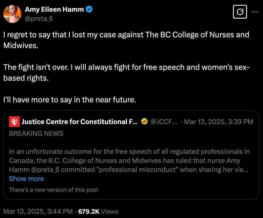 Screenshot of a social media post by Amy Eileen Hamm stating she lost her case against the BC College of Nurses and Midwives, but vows to continue fighting for free speech and women's rights. Below, there's a related news update from the Justice Centre for Constitutional Freedoms about the case outcome.