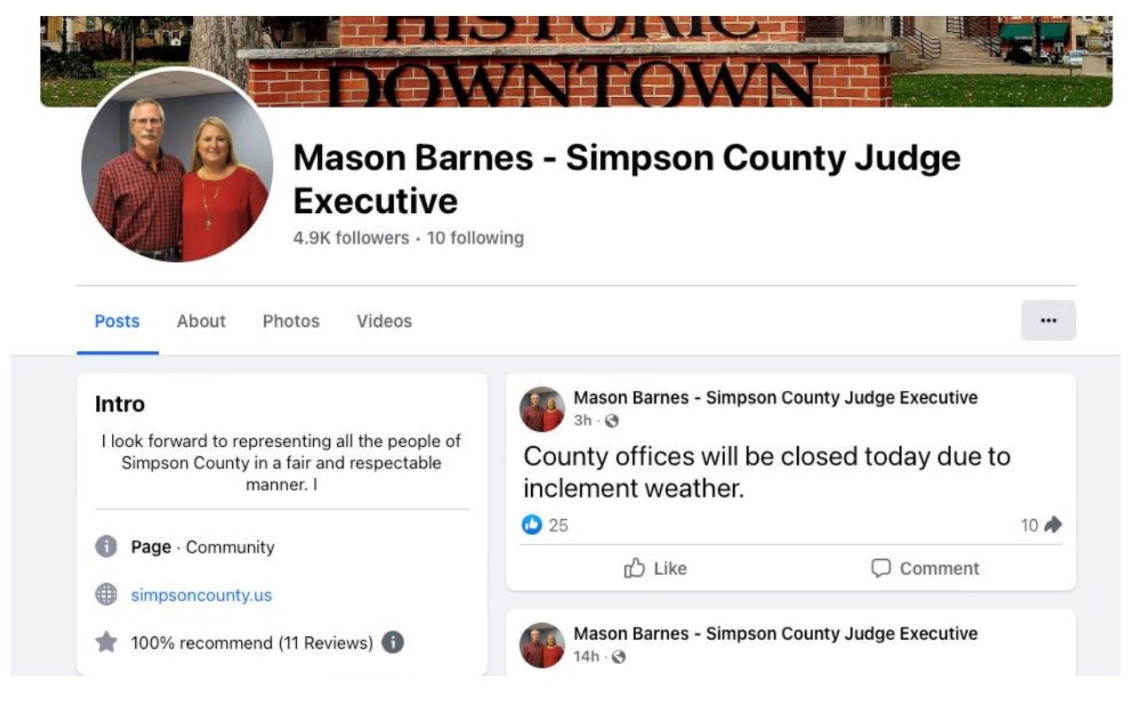 Screenshot of a Facebook page for "Mason Barnes - Simpson County Judge Executive." The page has 4.9K followers and includes a post stating, "County offices will be closed today due to inclement weather." The page is described as a community page, and there is an introduction expressing a commitment to represent the people of Simpson County.