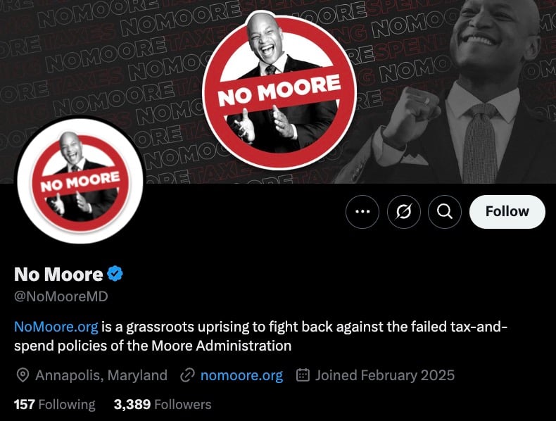 Twitter profile page for 'No Moore' featuring a black-and-white profile photo of a person inside a red circle with the words 'NO MOORE.' The background repeats the text 'NOMORE TAXES SPEND.' The bio states it's a grassroots movement against the Moore Administration's tax-and-spend policies, based in Annapolis, Maryland.