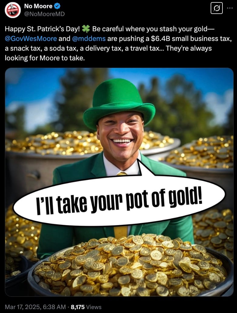 A person dressed as a leprechaun, wearing a green hat and suit, is smiling and standing in front of pots filled with gold coins. A speech bubble next to them says, 'I'll take your pot of gold!' The background shows a blurred outdoor setting.