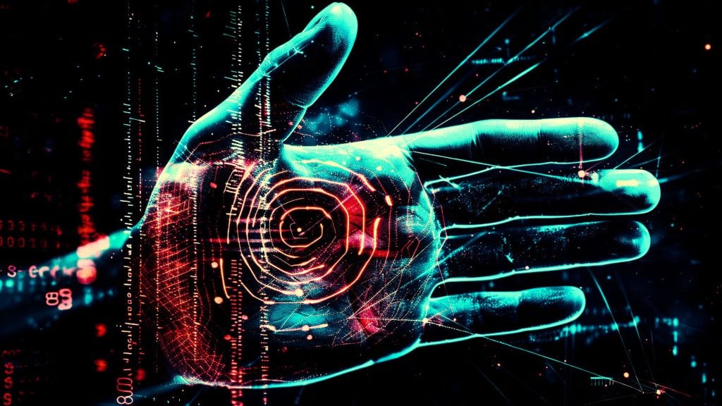 A digital illustration of a hand with glowing elements and circuit-like patterns, representing technology or biometrics.