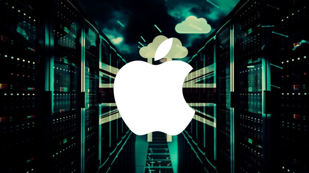 A large white apple logo superimposed over a dark, futuristic server room with glowing lights and cloud icons in the background.