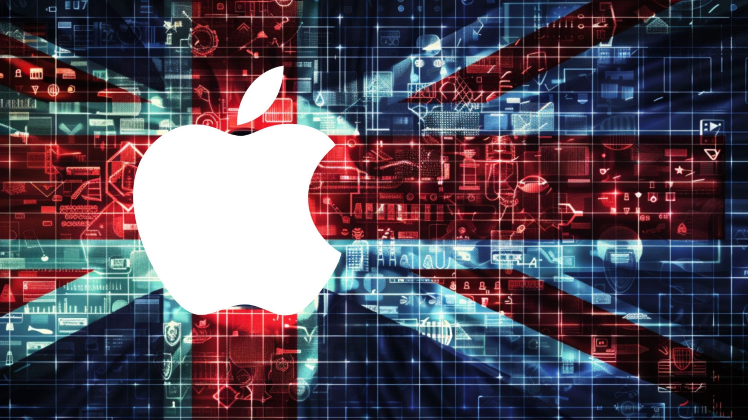 A large white Apple logo centered over a digitally rendered British flag design with a grid and various tech symbols in red and blue hues.