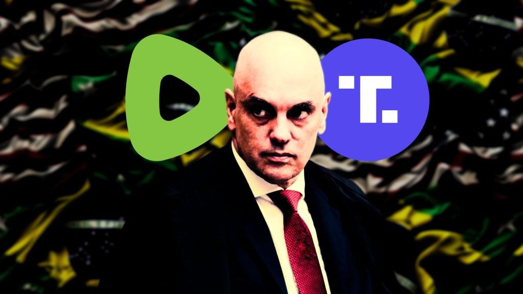 Moraes in a suit and red tie with a serious expression, standing in front of blurred background elements, including a green and black play button symbol and a blue circle with white geometric shapes.