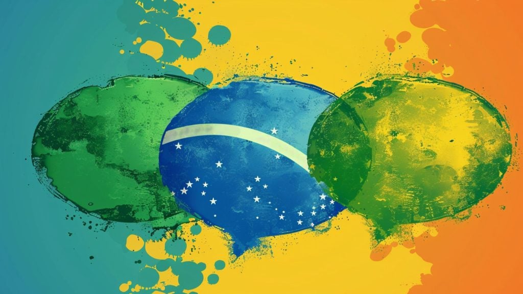 Abstract artwork featuring overlapping speech bubbles in blue, green, and yellow with a pattern resembling the Brazilian flag, set against a colorful background.