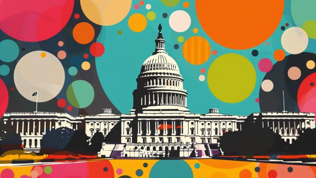 A stylized illustration of the United States Capitol building with a colorful background of large, overlapping circles in various colors including orange, red, yellow, and green.