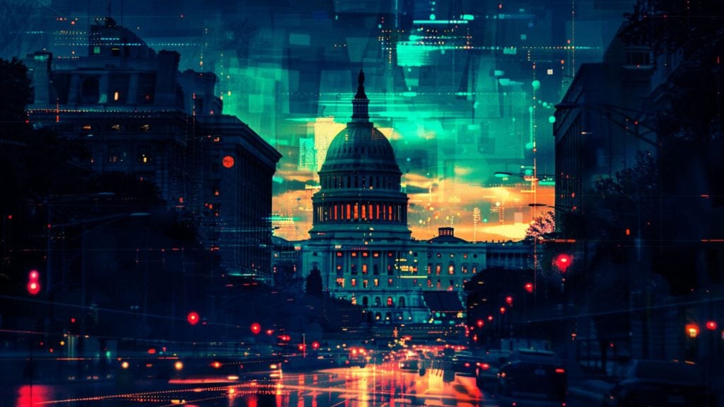 A digital artistic rendering of a city street at night with the U.S. Capitol building in the background, featuring layered effects of glowing lights and abstract geometric patterns in shades of blue and orange.