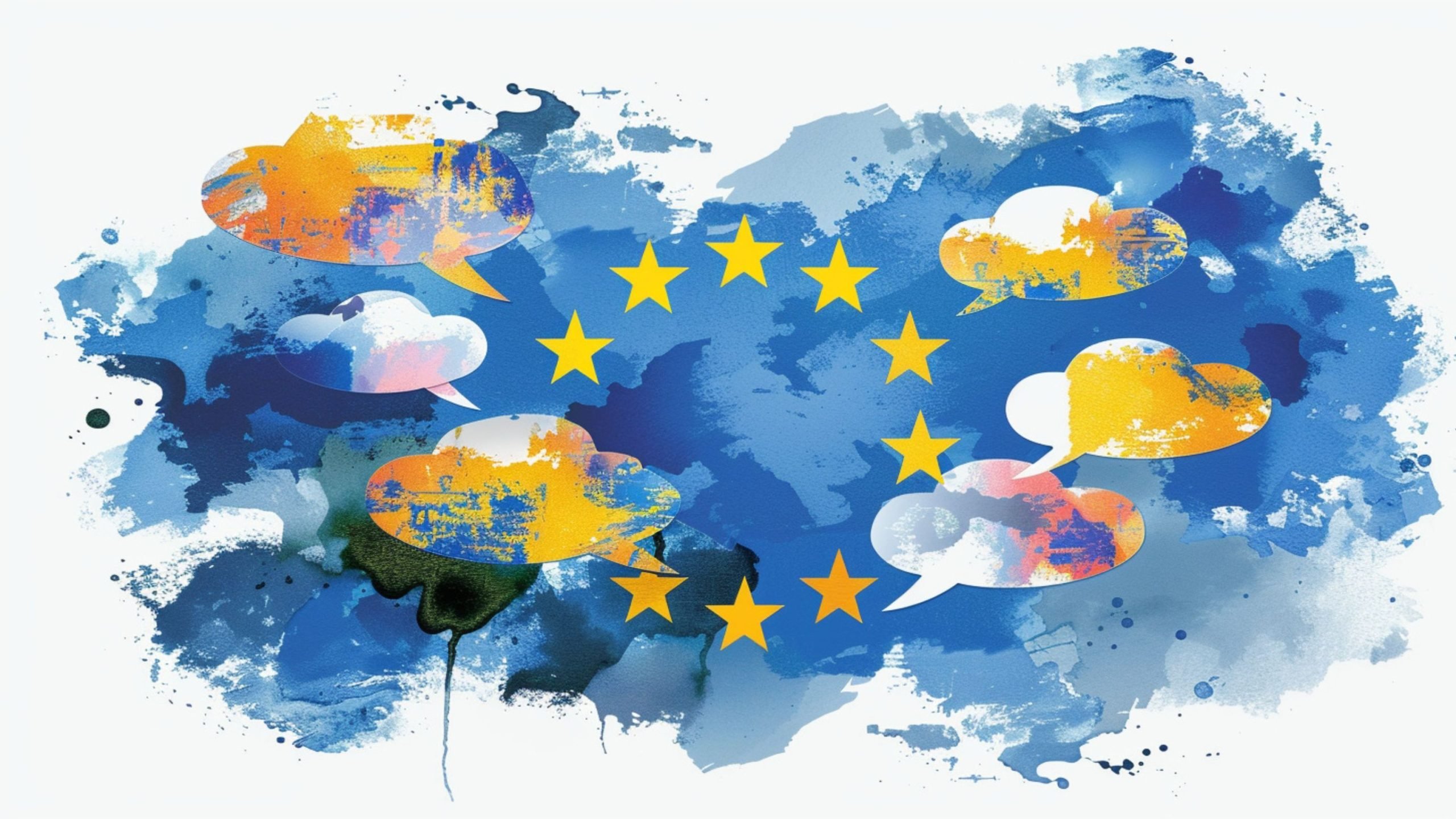 Abstract depiction of the European Union flag with yellow stars on a blue background, surrounded by colorful speech bubbles in a watercolor style.