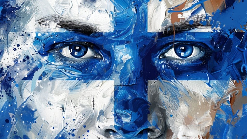 A close-up painting of a person’s face with vivid blue and white brushstrokes creating an abstract representation of the Finnish flag, focusing on intense blue eyes.