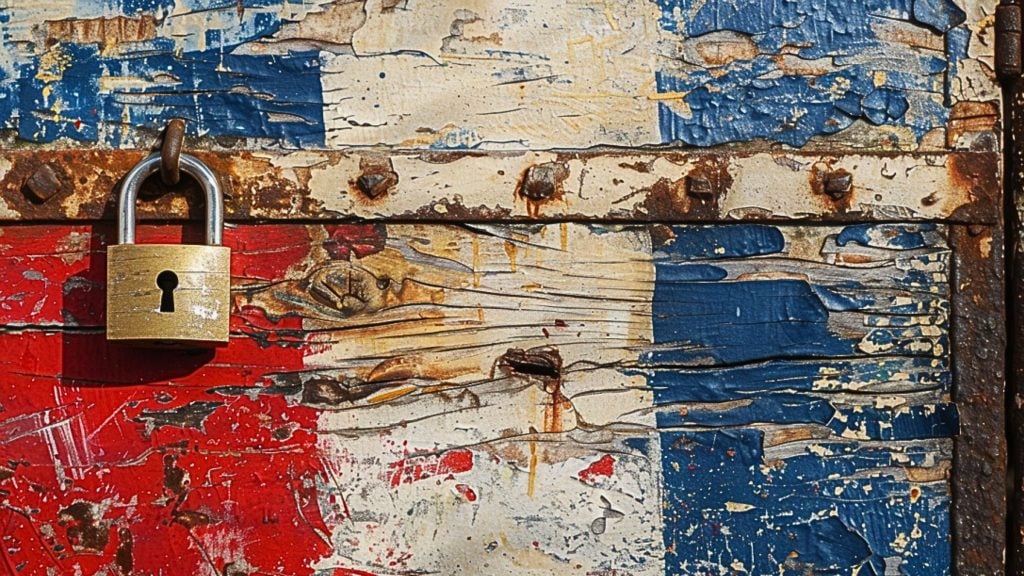 A rusty metal padlock hanging on a colorful, weathered wooden surface with red, blue, and beige peeling paint.