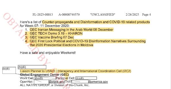 A government document labeled 'UNCLASSIFIED' dated February 28, 2025, with a heading showing a list of counter-propaganda and disinformation products for the week of December 7-11, 2020. It includes items on Iranian messaging, a technology demo, a vaccine briefing, and disinformation narratives in Moldova. Information about a Liaison Planner and contact details for the Global Engagement Center are also highlighted. The document has a watermark indicating it was obtained by another entity.