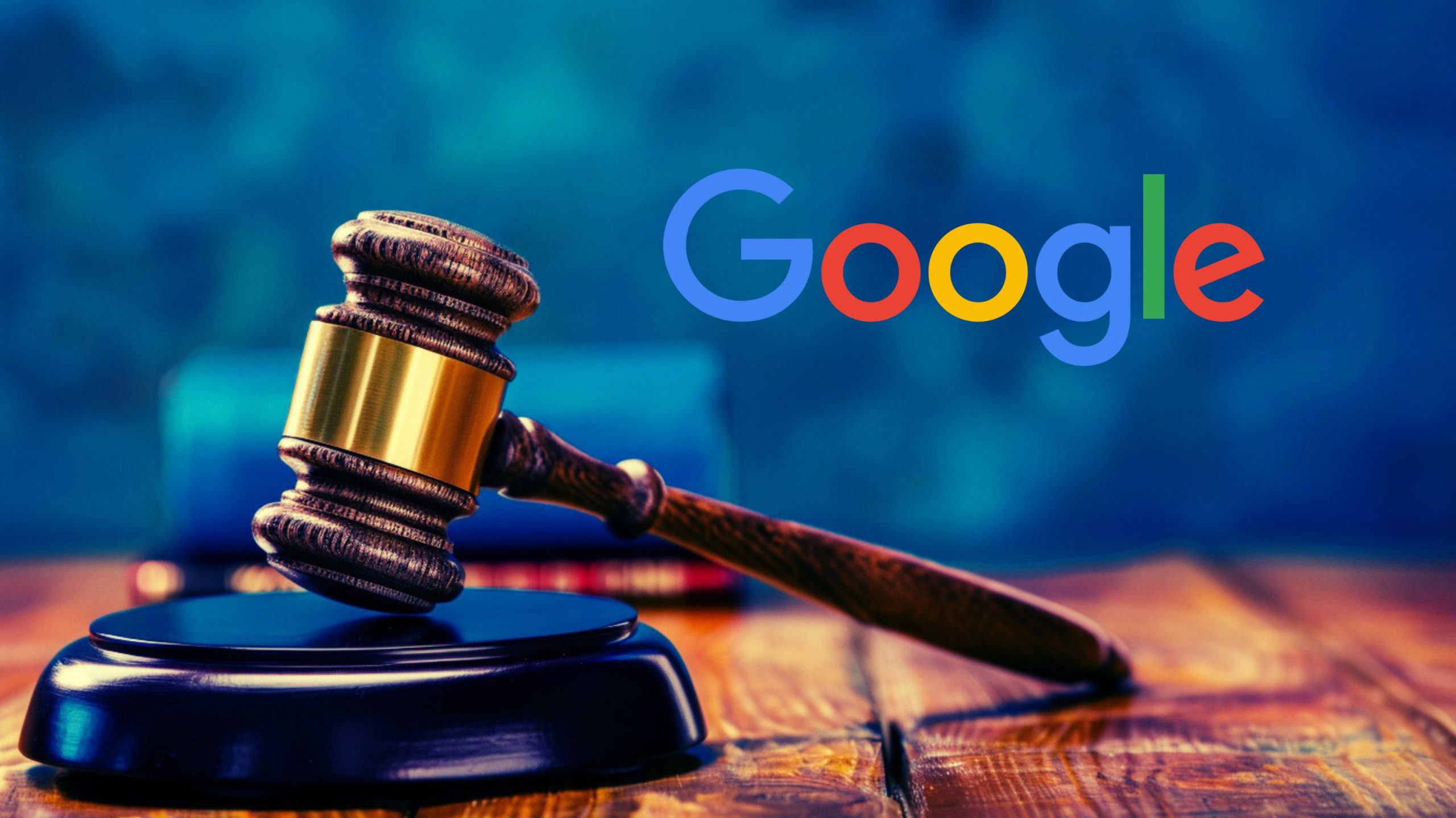 A wooden gavel resting on a sound block with the Google logo in the background.