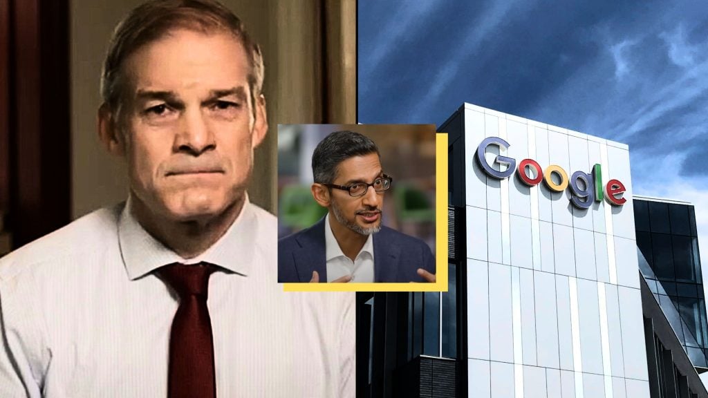 Composite image featuring Jim Jordan in a white shirt and red tie on the left, a smaller inset of Sundar Pichai wearing glasses and a suit in the center, and a building with the Google logo on the right.