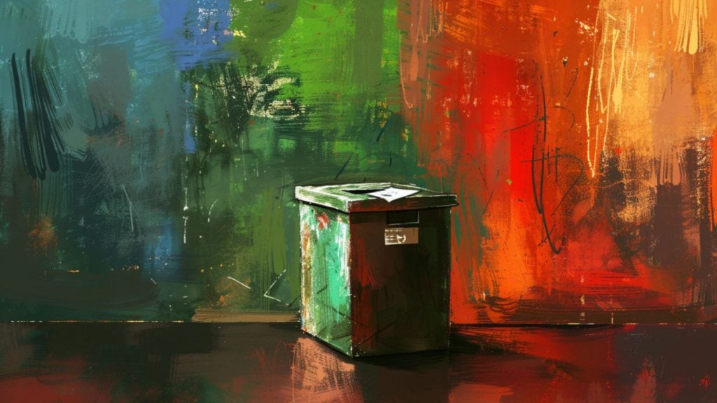 A green and brown painted trash bin is placed against a vibrant, abstract background featuring bold strokes of green, blue, and red hues.