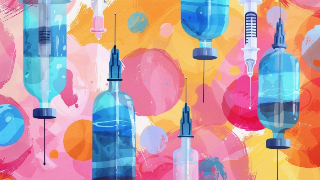 Illustration of several syringes with needles, filled with blue liquid, set against a colorful background of abstract circles and splashes in pink, orange, and yellow tones.