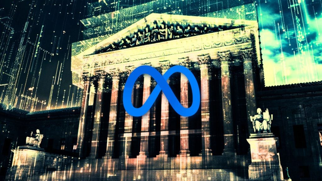 A digital art representation of a classical courthouse with tall pillars and statues, overlaid with digital matrix-like lines and symbols. The Meta logo, a blue infinity-like symbol, is prominently displayed in the center.