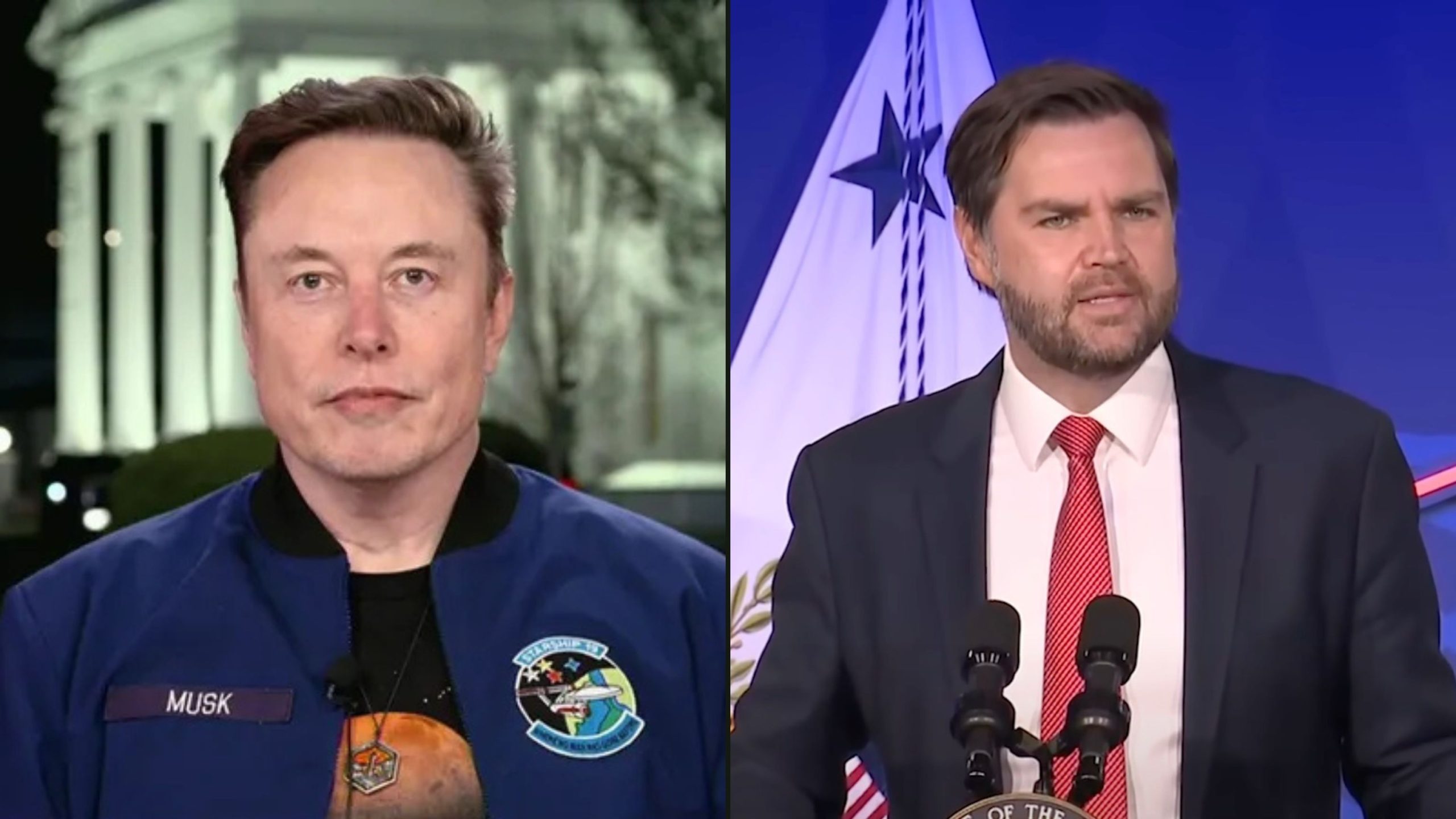 Musk on the left wearing a blue jacket with "MUSK" on it and standing in front of a white building, while Vance on the right is at a podium speaking, wearing a suit with a red tie, with a blue background and a partial view of a banner or flag.