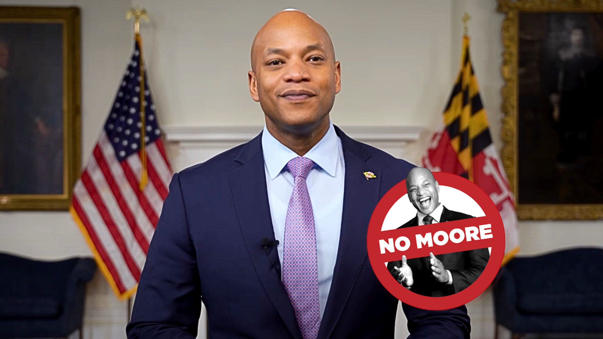 Moore in a suit and tie is standing indoors with American and Maryland flags in the background. Overlaid on the image is a circular graphic with a photo of the same man and the text "No Moore."