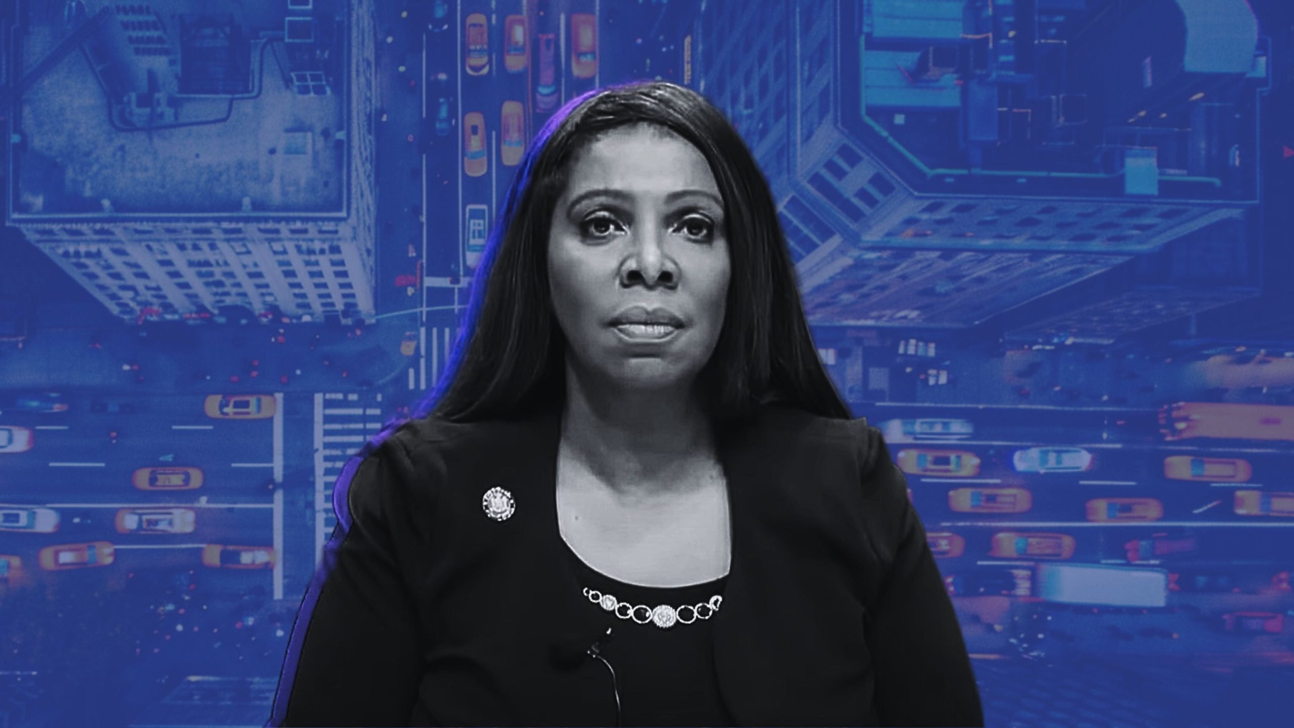 Letitia James wearing a blazer is shown against a background of an aerial view of a city street with brightly colored vehicles.