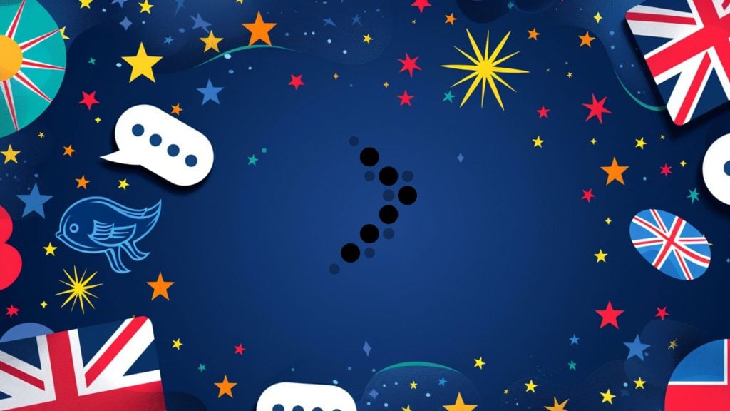 A vibrant blue background featuring various colorful stars, speech bubbles with ellipses, a stylized bird illustration, and elements of flags including the Union Jack.