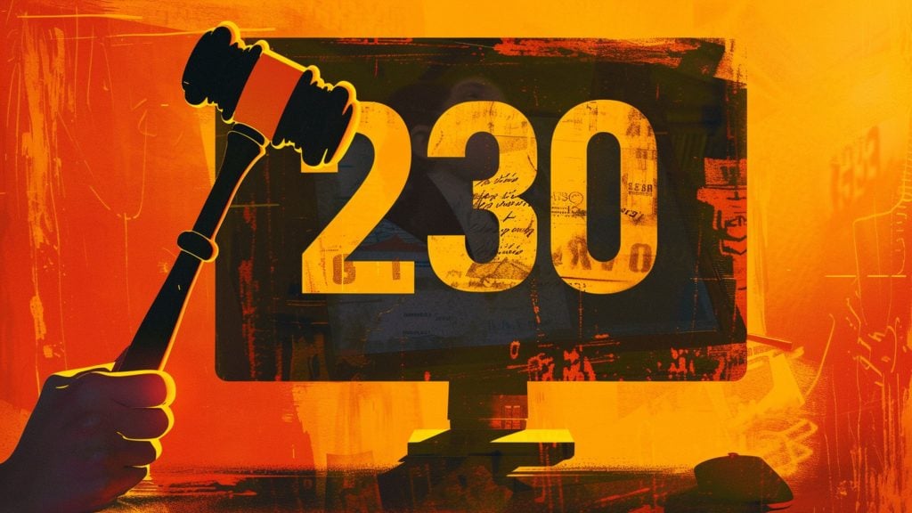 An abstract illustration with a gavel striking against a large numeral '230' on a computer monitor, all set against a vibrant orange background.