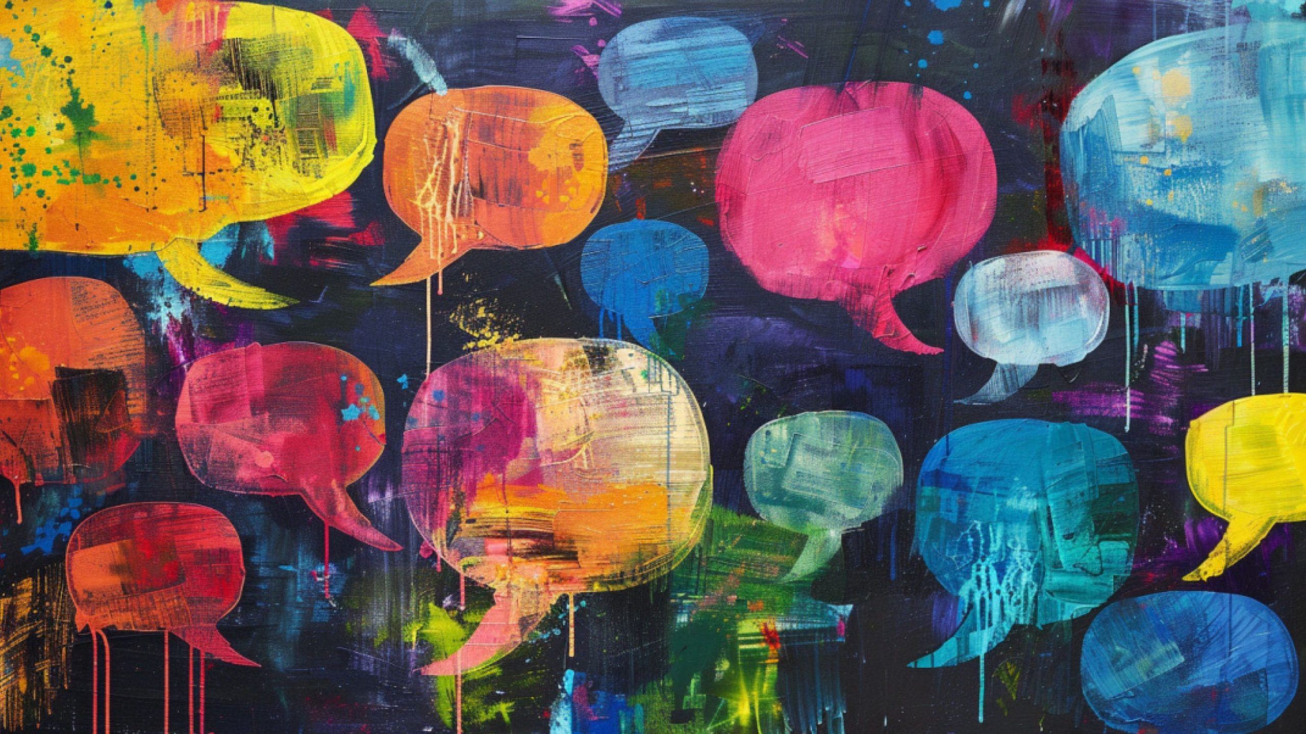 A vibrant abstract painting featuring colorful speech bubbles of various sizes and colors, such as yellow, pink, blue, and orange, against a dark background.