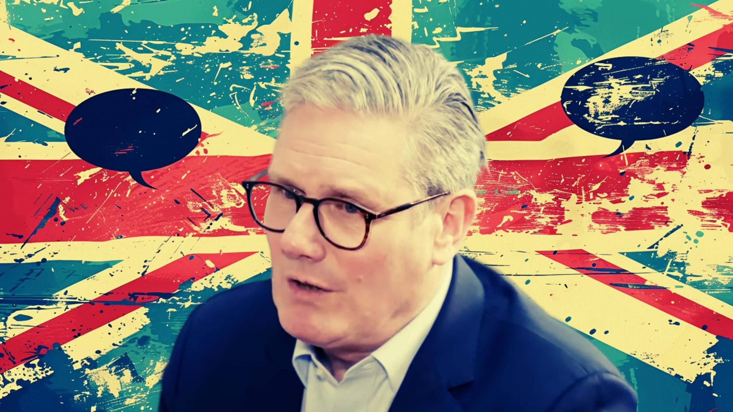 Starmer with glasses and gray hair in front of an abstract Union Jack backdrop with speech bubbles.