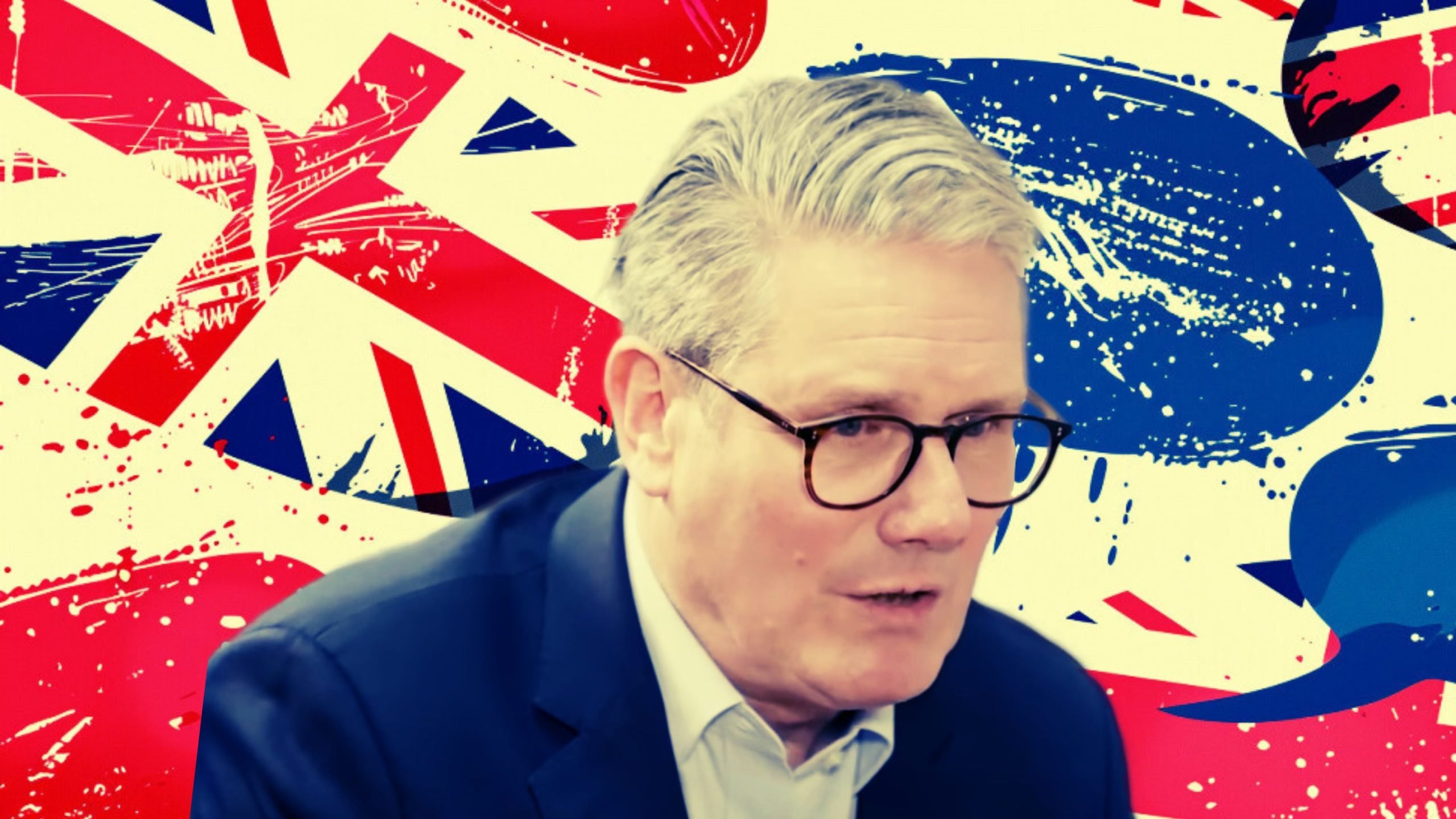 An individual wearing glasses and a suit appears in front of a graphic backdrop featuring abstract, stylized British flag elements and speech bubbles.