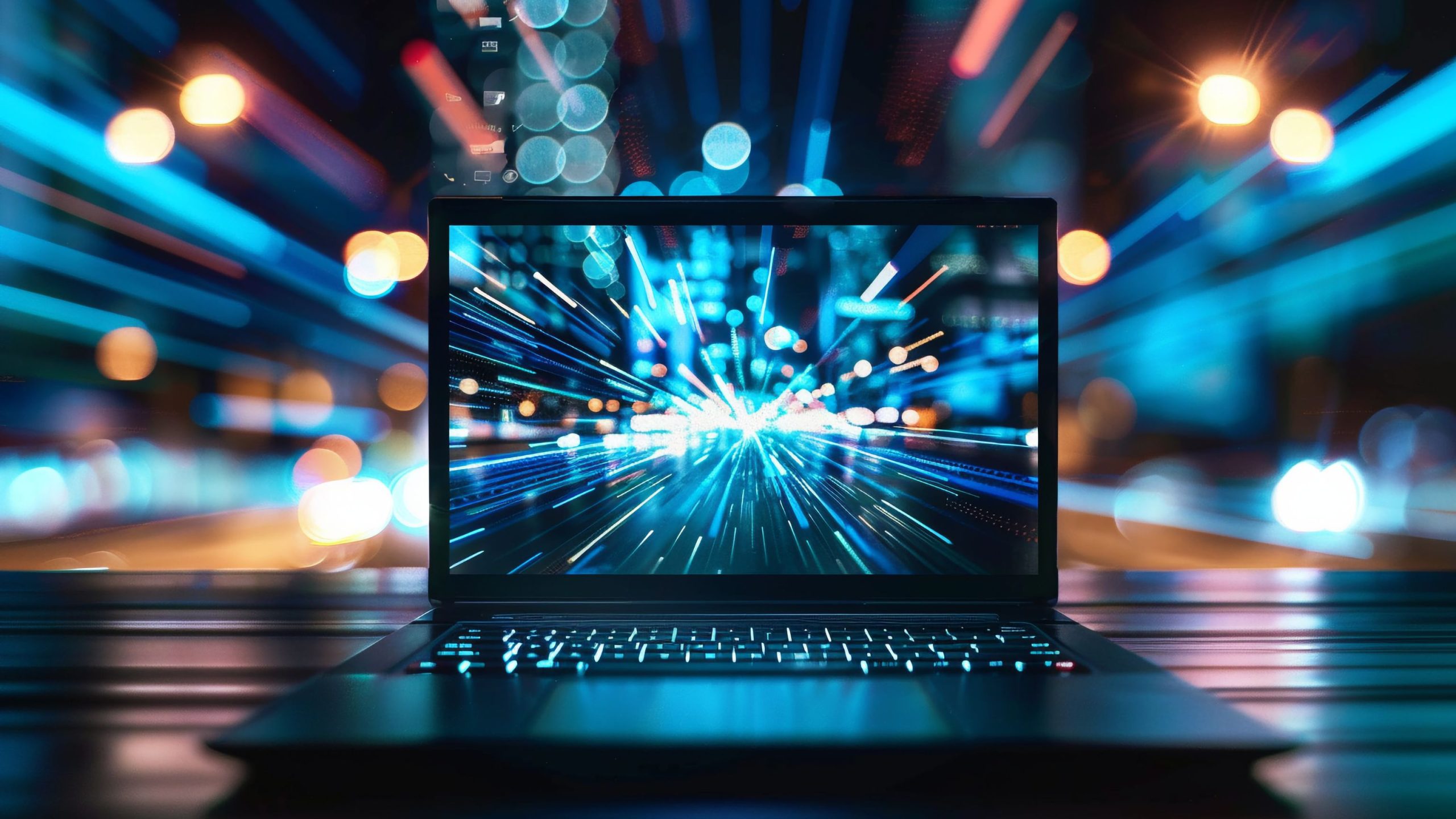 A laptop on a reflective surface displaying a vibrant digital tunnel of blue and white light streaks, with a blurred cityscape in the background.