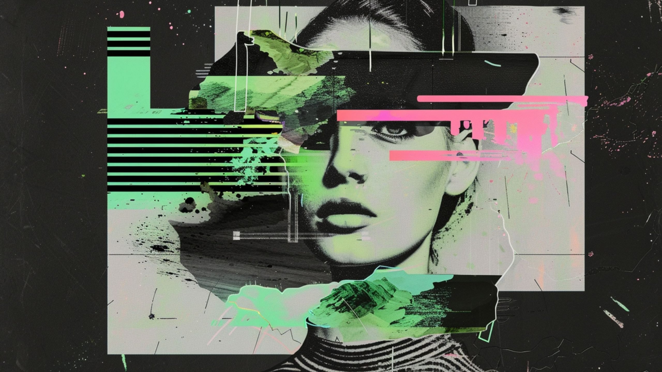 A digital artwork featuring a monochrome portrait of a woman overlaid with abstract green and pink geometric shapes and lines, creating a fragmented visual effect against a dark background.