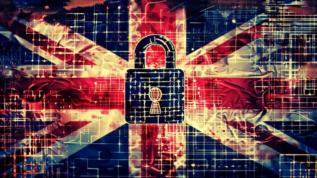 A digitally enhanced British flag overlaid with a large padlock symbol and abstract circuitry elements, suggesting themes of cybersecurity or data protection.