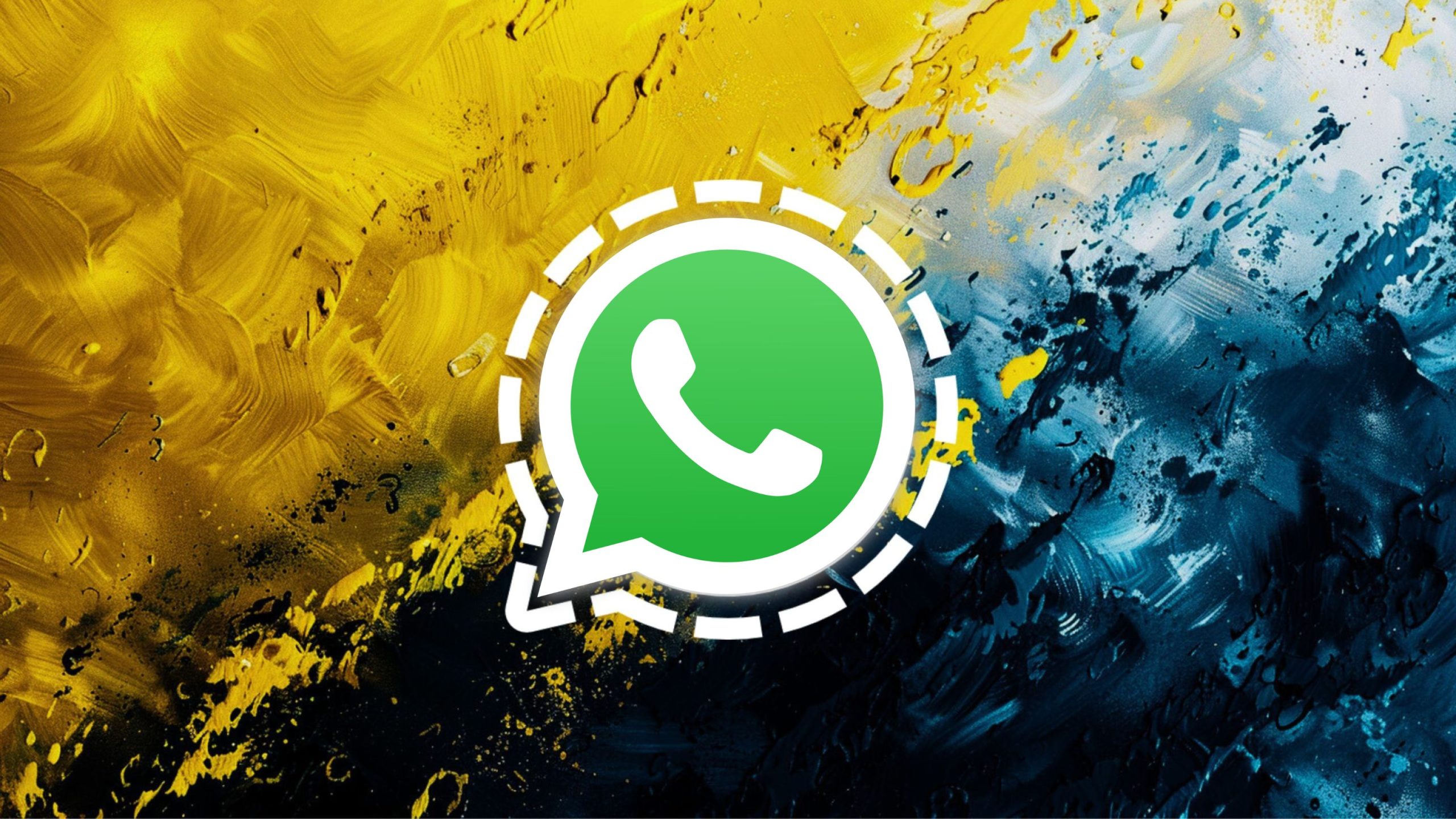 A green WhatsApp logo with a white speech bubble outlined in dashes, set against a vibrant background featuring swirls of yellow and blue paint.