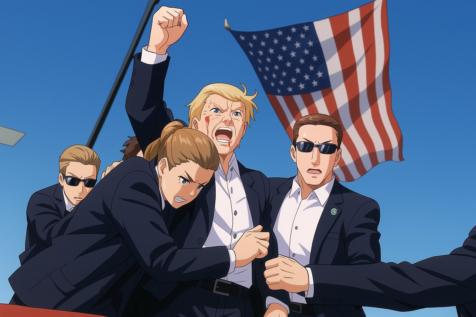 An animated scene depicting a group of men in suits, indicating security, appearing protective and alert in front of an American flag, with one man raising his fist.