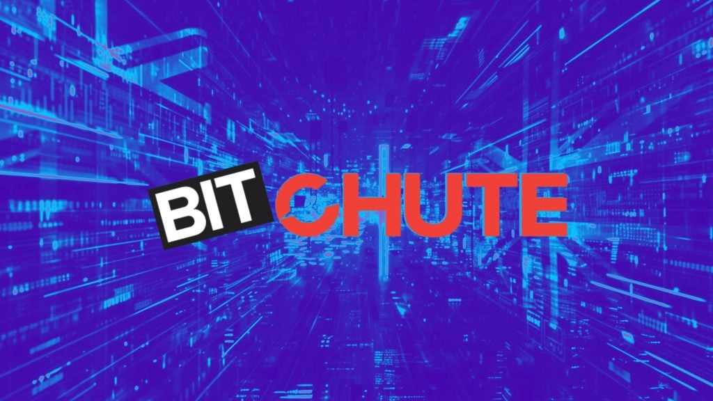 Digital background with glowing blue lines and data elements, featuring the word 'BITCHUTE' with 'BIT' in white on a black tilted rectangle and 'CHUTE' in bold red letters.
