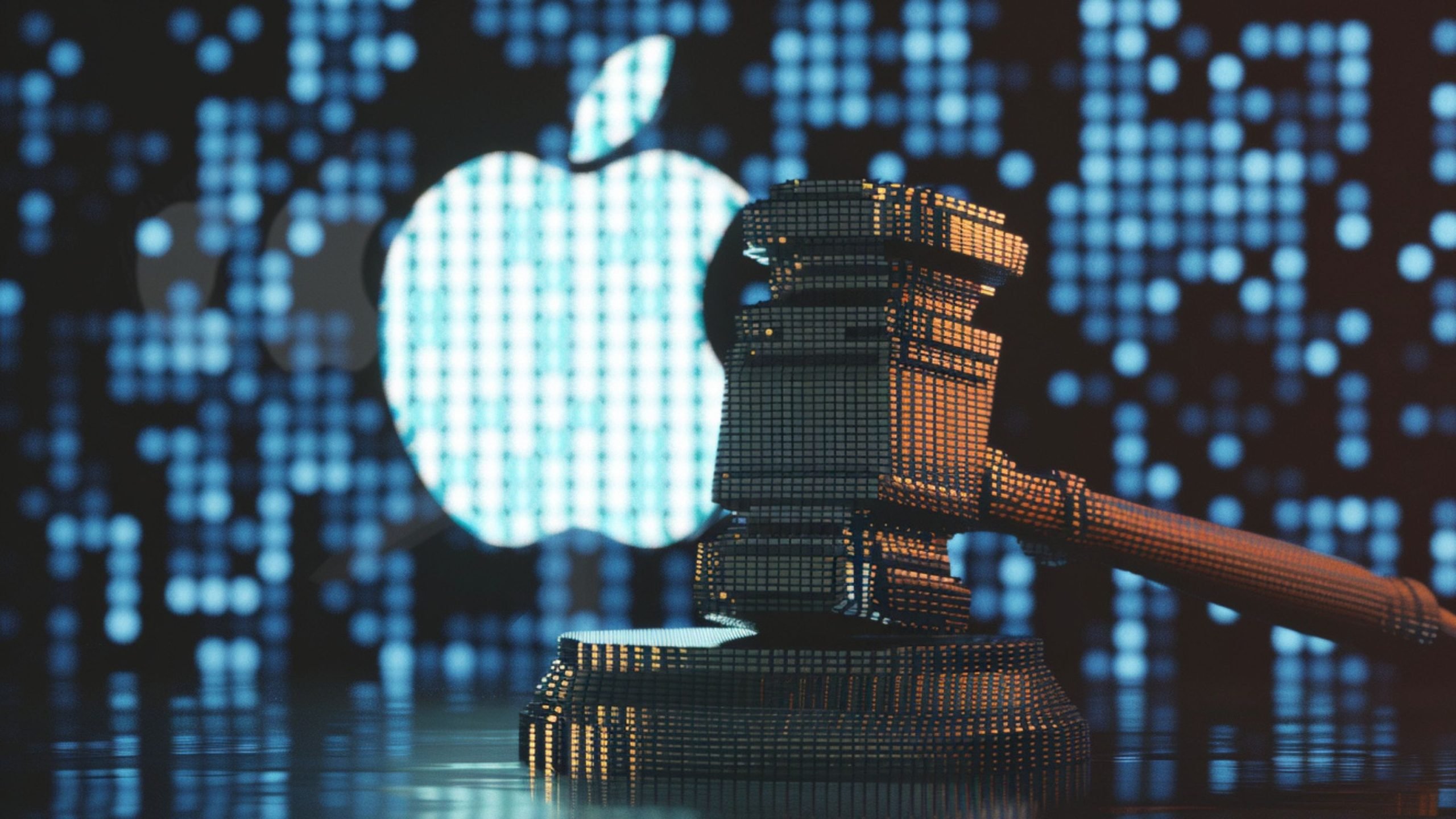 A digital gavel in the foreground with an illuminated Apple logo in the background composed of blue pixelated lights, suggesting a legal or judicial theme related to Apple.