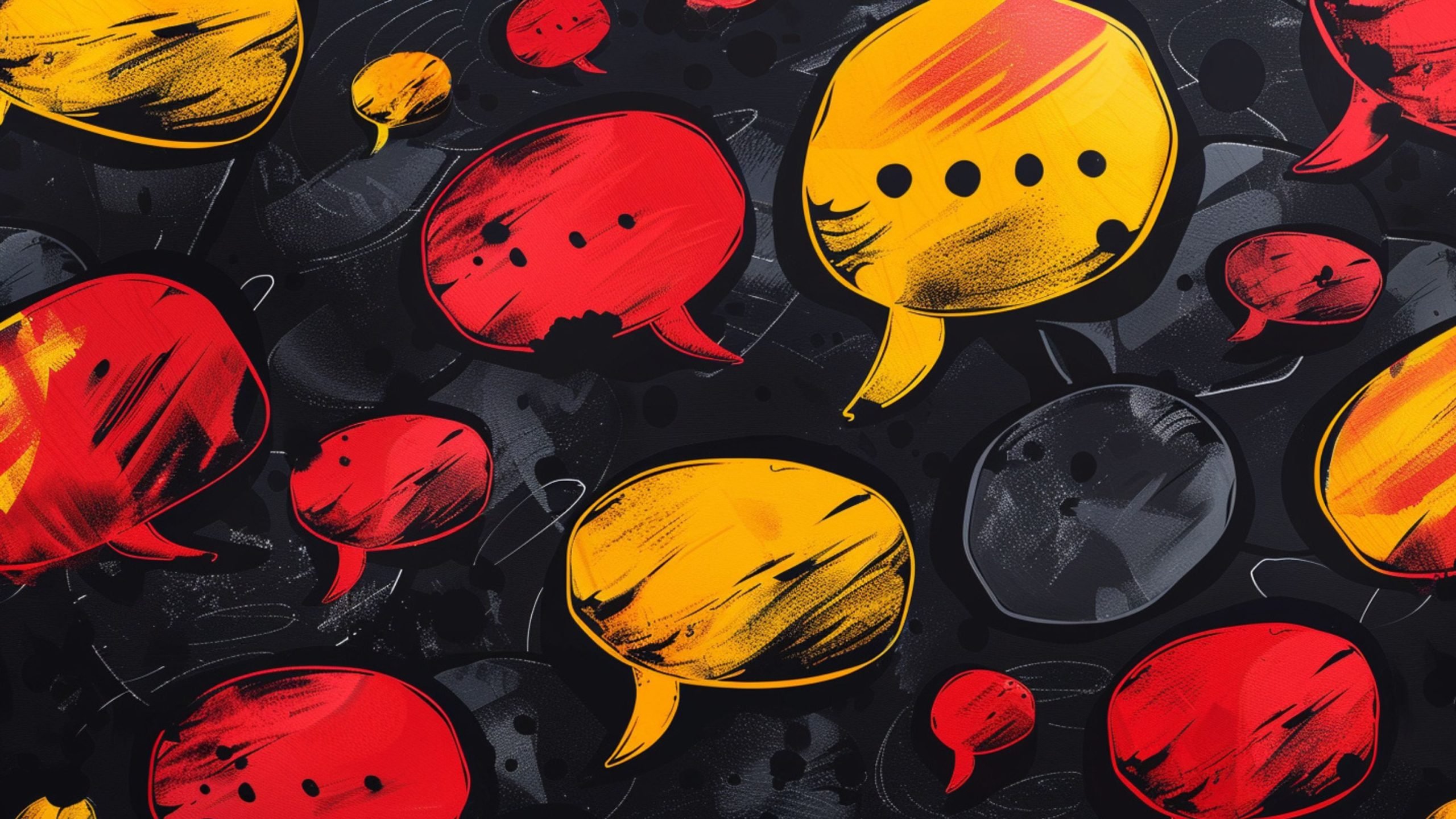 Illustration of multiple red and yellow speech bubbles with black ellipses on a dark textured background, creating a dynamic pattern.